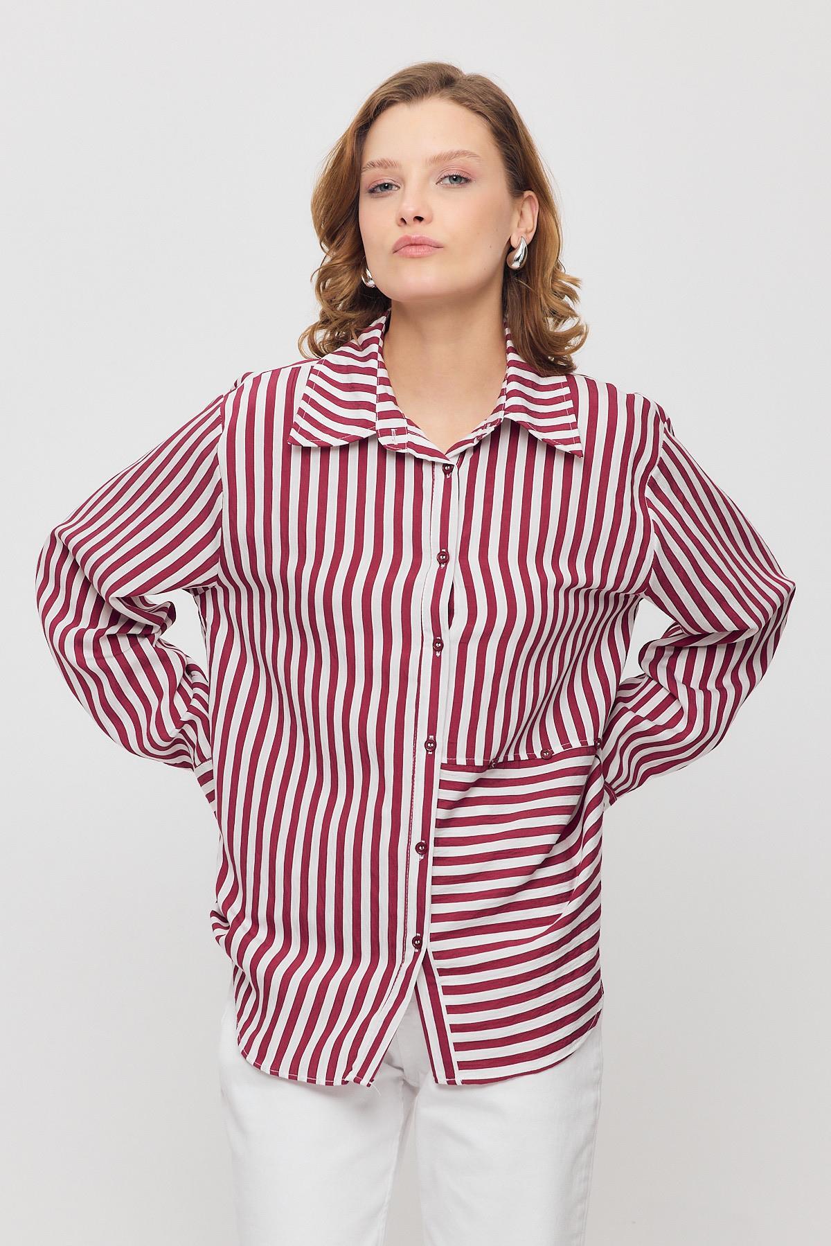 Bordo Çizgili Düğmeli Gömlek 4522A - 6