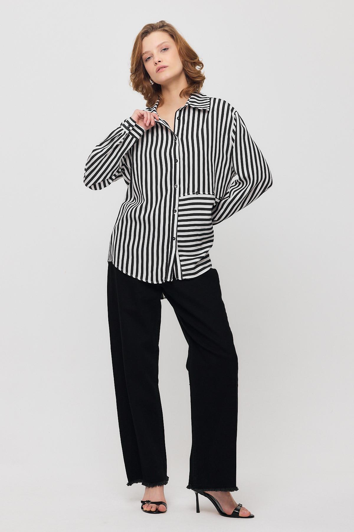 4522A Çizgili Düğmeli Gömlek Siyah - RAYS