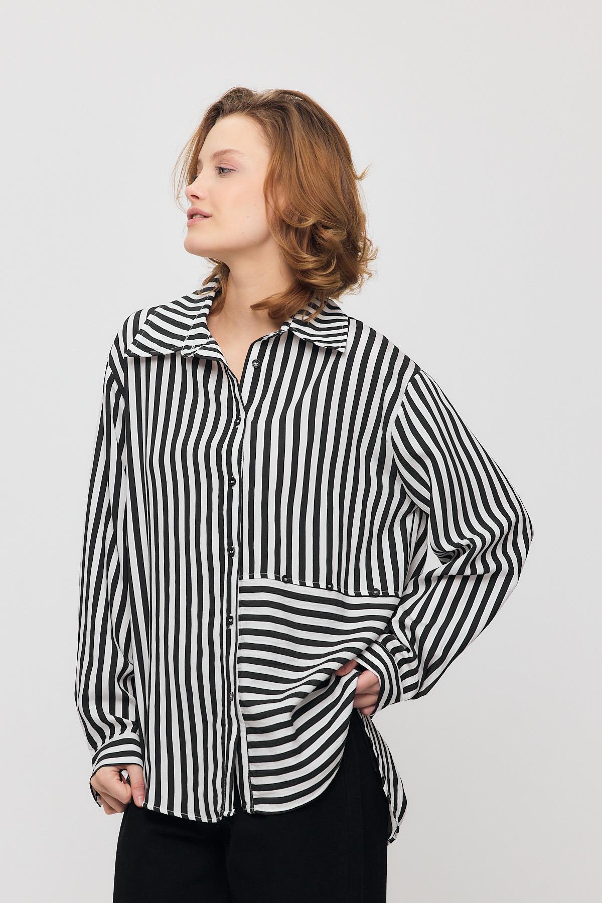 4522A Çizgili Düğmeli Gömlek Siyah - RAYS