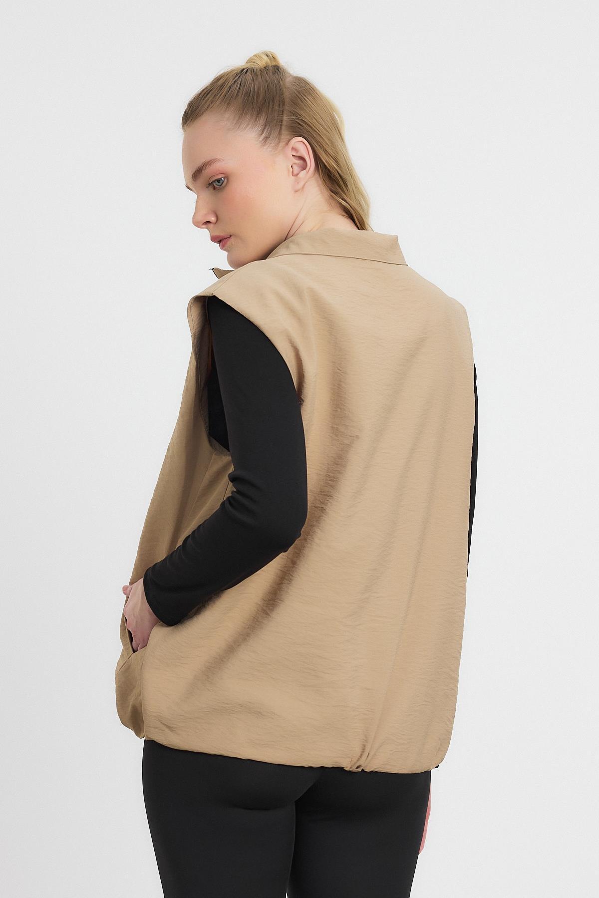 4523A Yan Cepli Sıfır Kol Yelek Vizon - 5