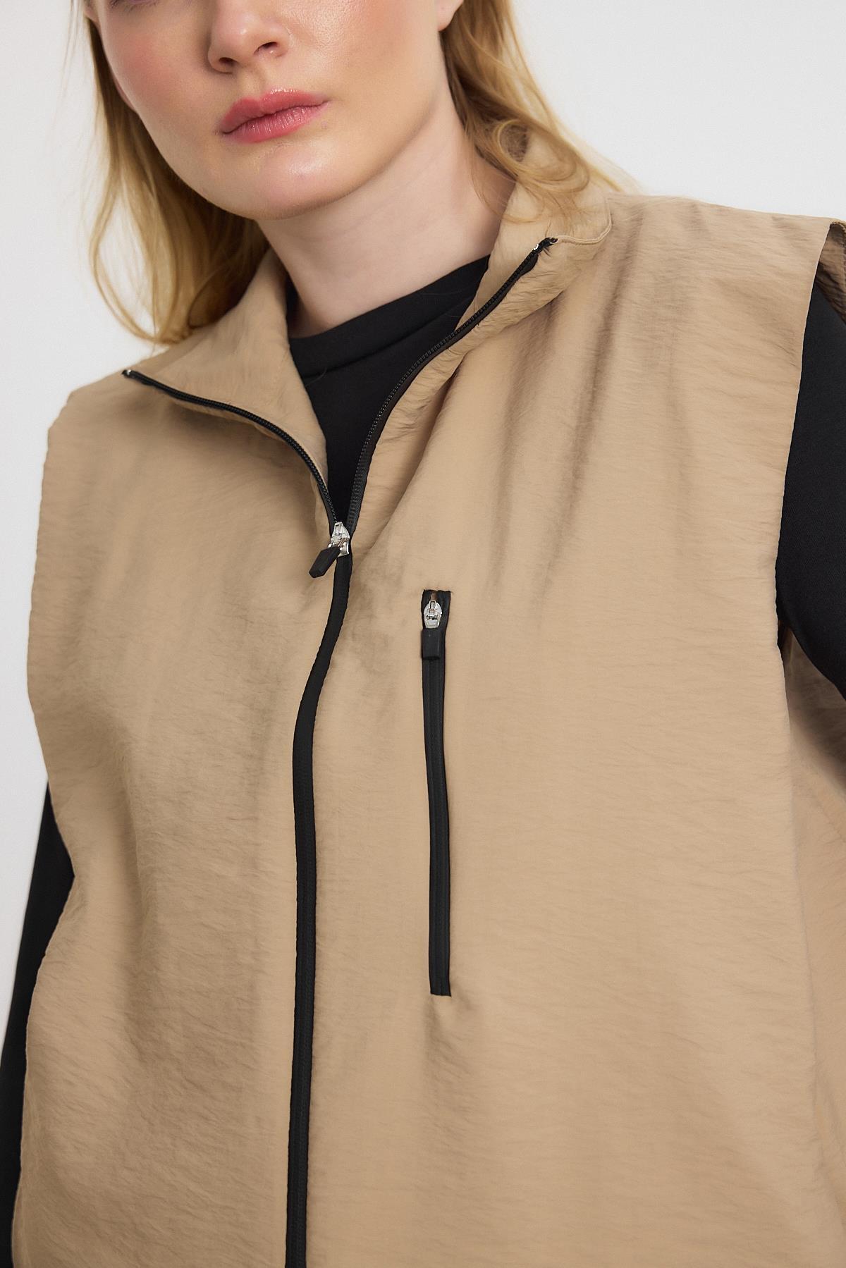 4523A Yan Cepli Sıfır Kol Yelek Vizon - RAYS