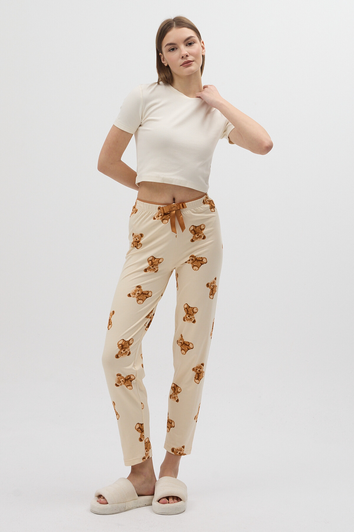 Bej Ayıcık Desenli Kadın Pijama Altı 4526 