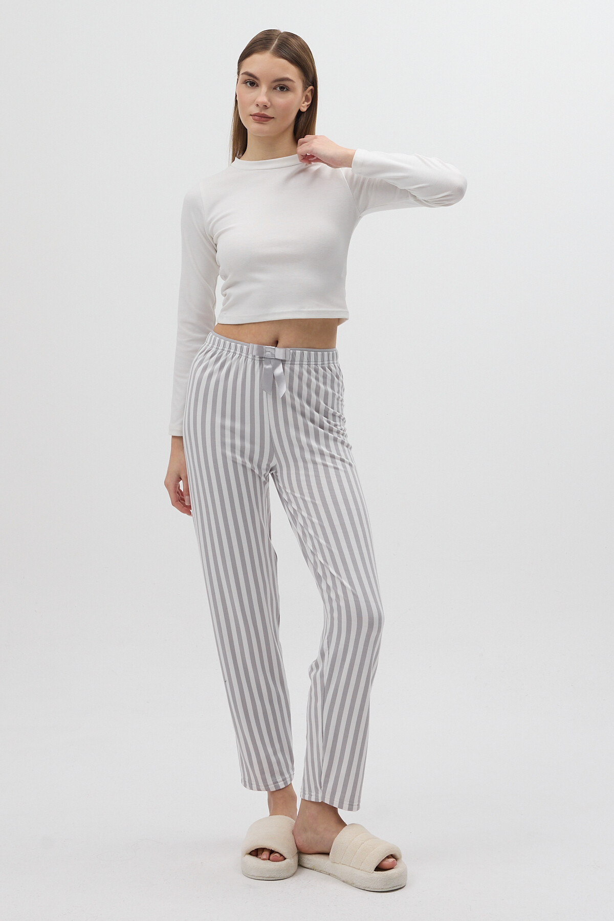 Gri Çizgili Bel Bağlamalı İpli Kadın Pijama Altı 4527 - 3