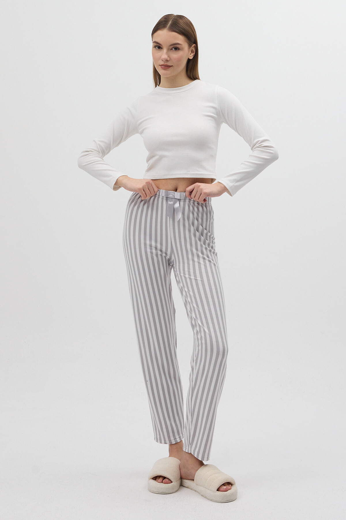 Gri Çizgili Bel Bağlamalı İpli Kadın Pijama Altı 4527 - 5