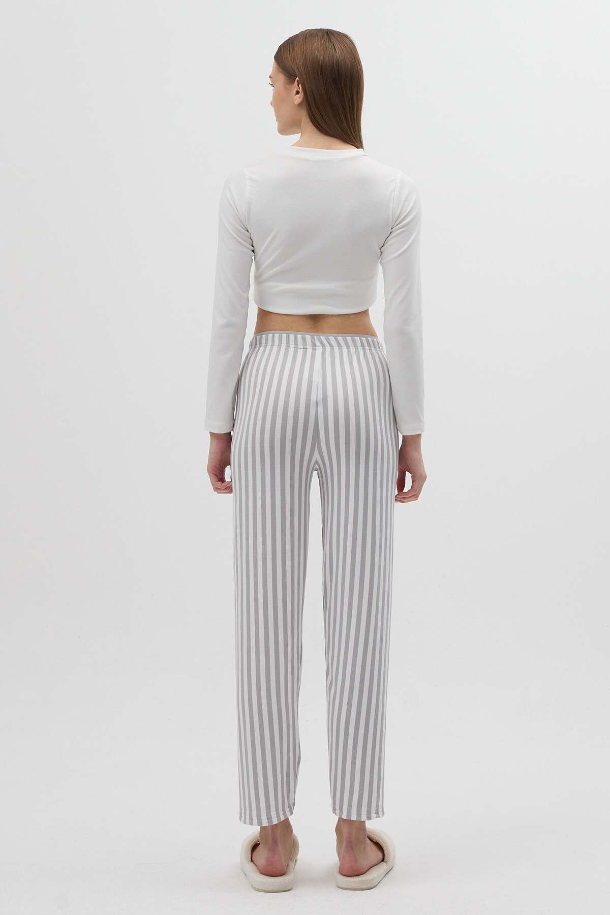 Gri Çizgili Bel Bağlamalı İpli Kadın Pijama Altı 4527 - 4