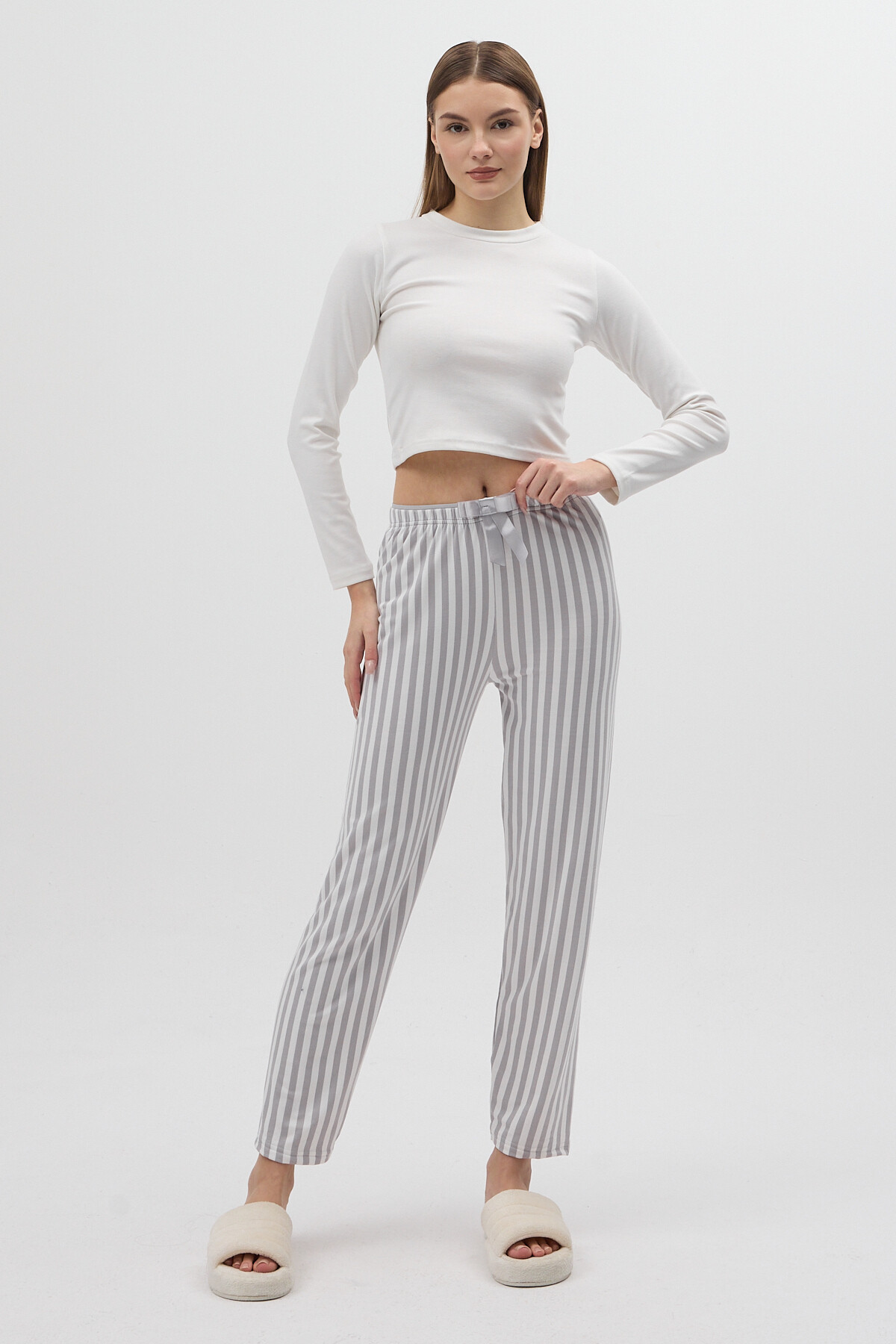 Gri Çizgili Bel Bağlamalı İpli Kadın Pijama Altı 4527 - 1