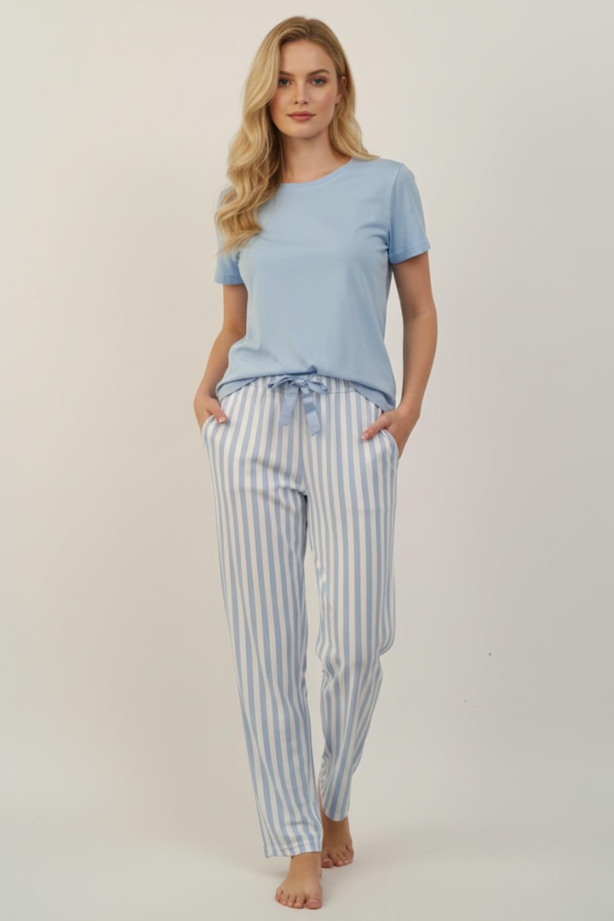 4527 Çizgi Desen Pijama Mavi - 1