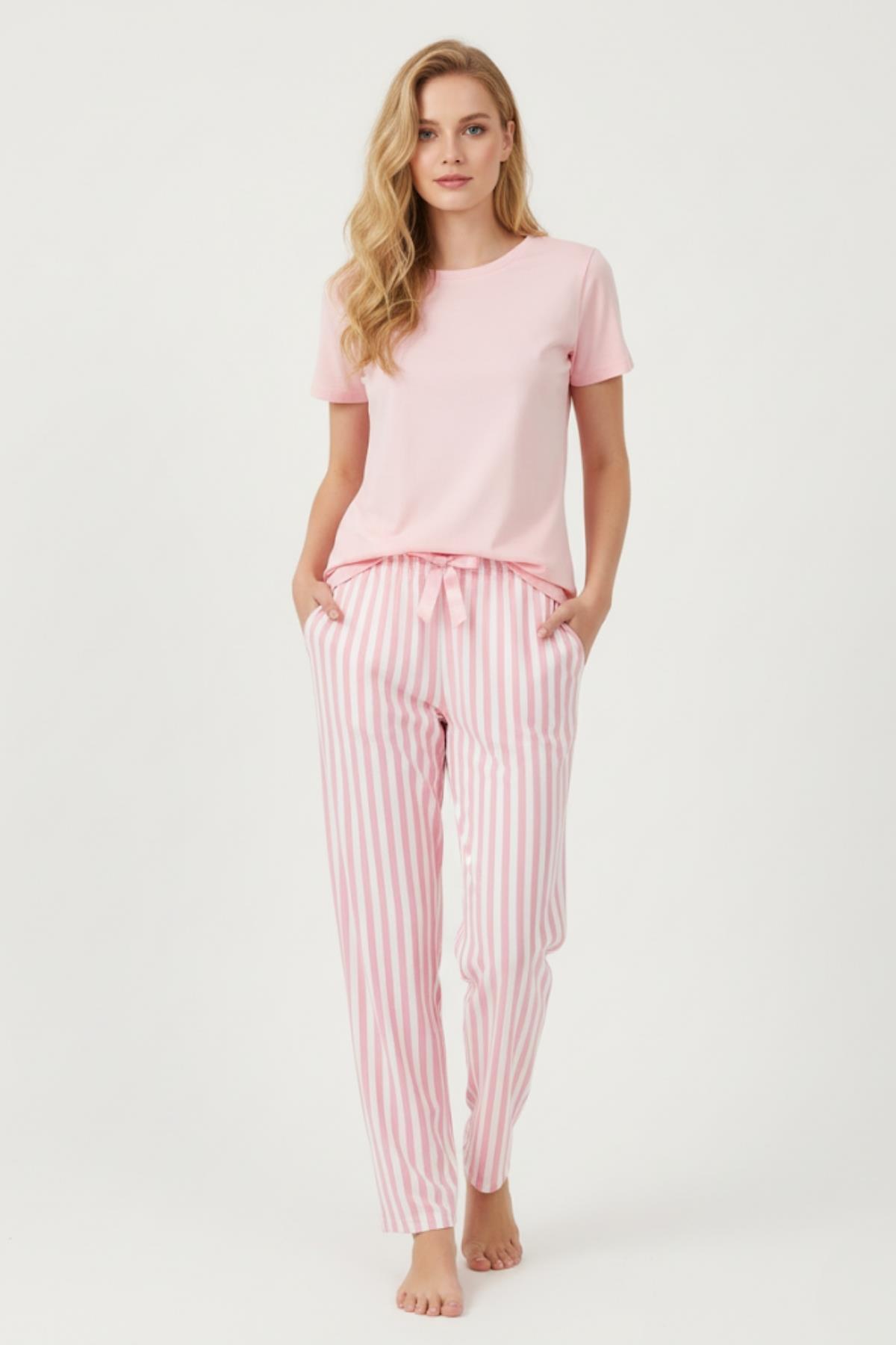 4527 Çizgi Desen Pijama Pembe - 1