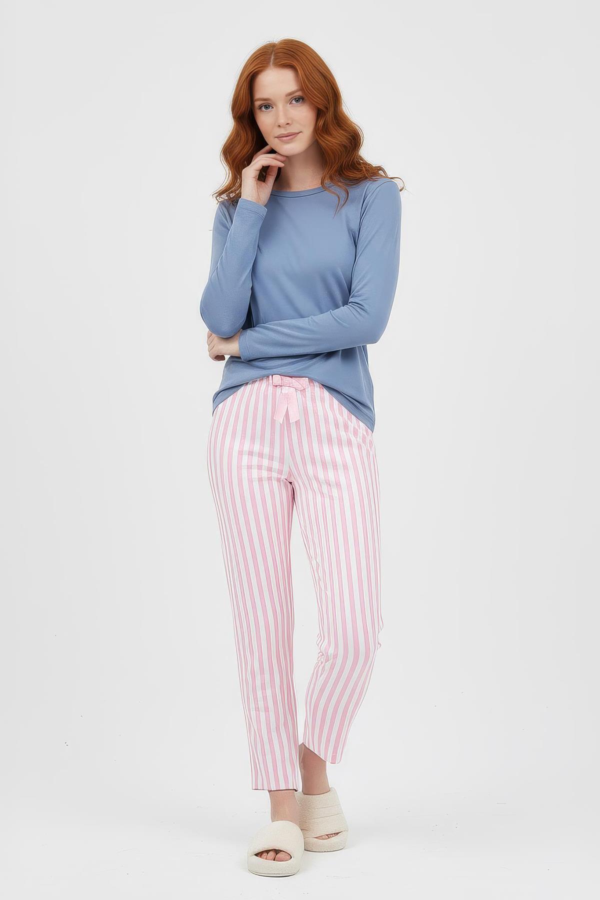 Pembe Çizgi Desenli Lastik Bel Kadın Pijama Altı 4527 