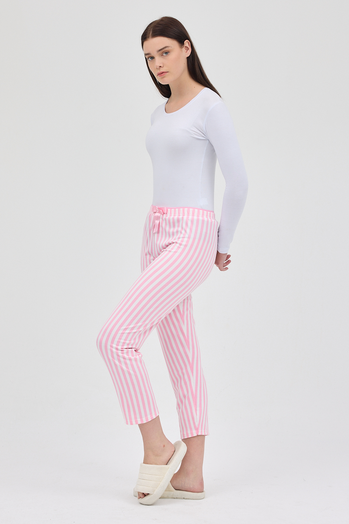 Pembe Çizgi Desenli Lastik Bel Kadın Pijama Altı 4527 - 6