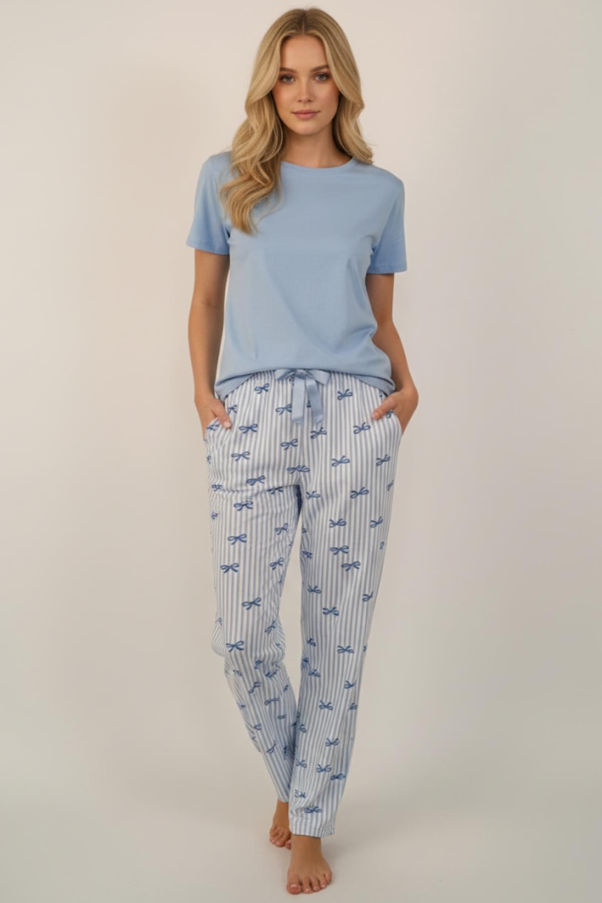 4528 Fiyonk Desen Pijama Mavi 