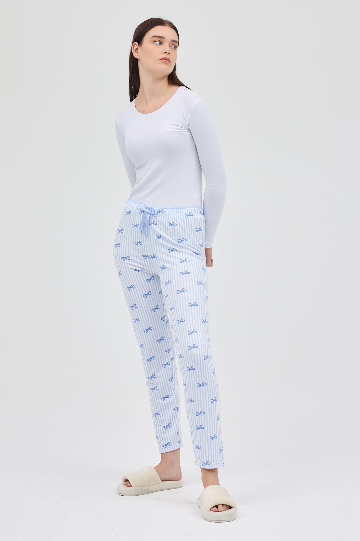 Mavi Fiyonk Desenli Lastik Bel Kadın Pijama Altı 4528 - 6