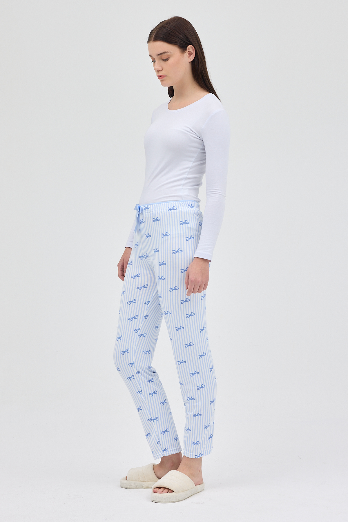 Mavi Fiyonk Desenli Lastik Bel Kadın Pijama Altı 4528 - 7