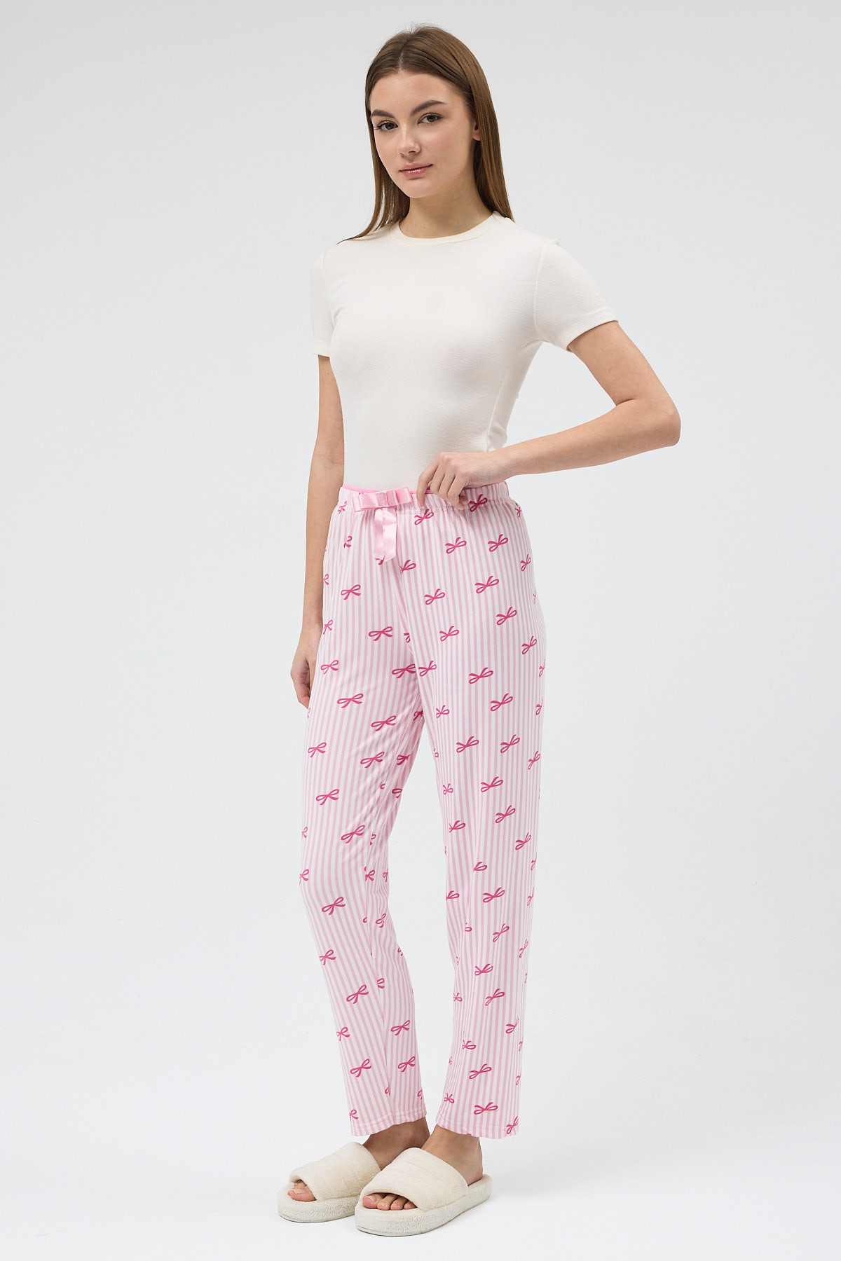 Pembe Fiyonk Desenli Lastik Bel Kadın Pijama Altı 4528 