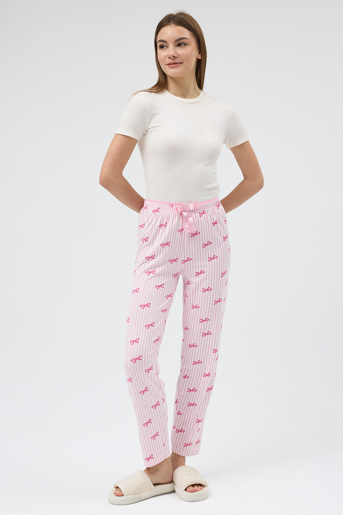 Pembe Fiyonk Desenli Lastik Bel Kadın Pijama Altı 4528 - 2