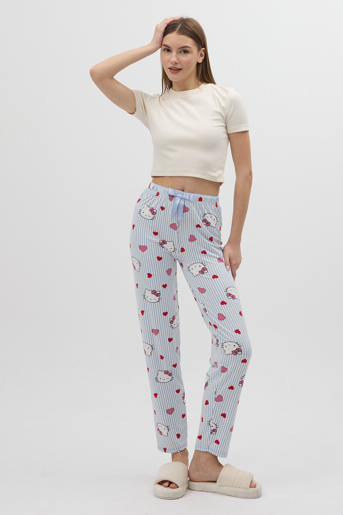 Çizgili Kalp Desenli Beli Bağcıklı Kadın Pijama Altı 4529 - 1