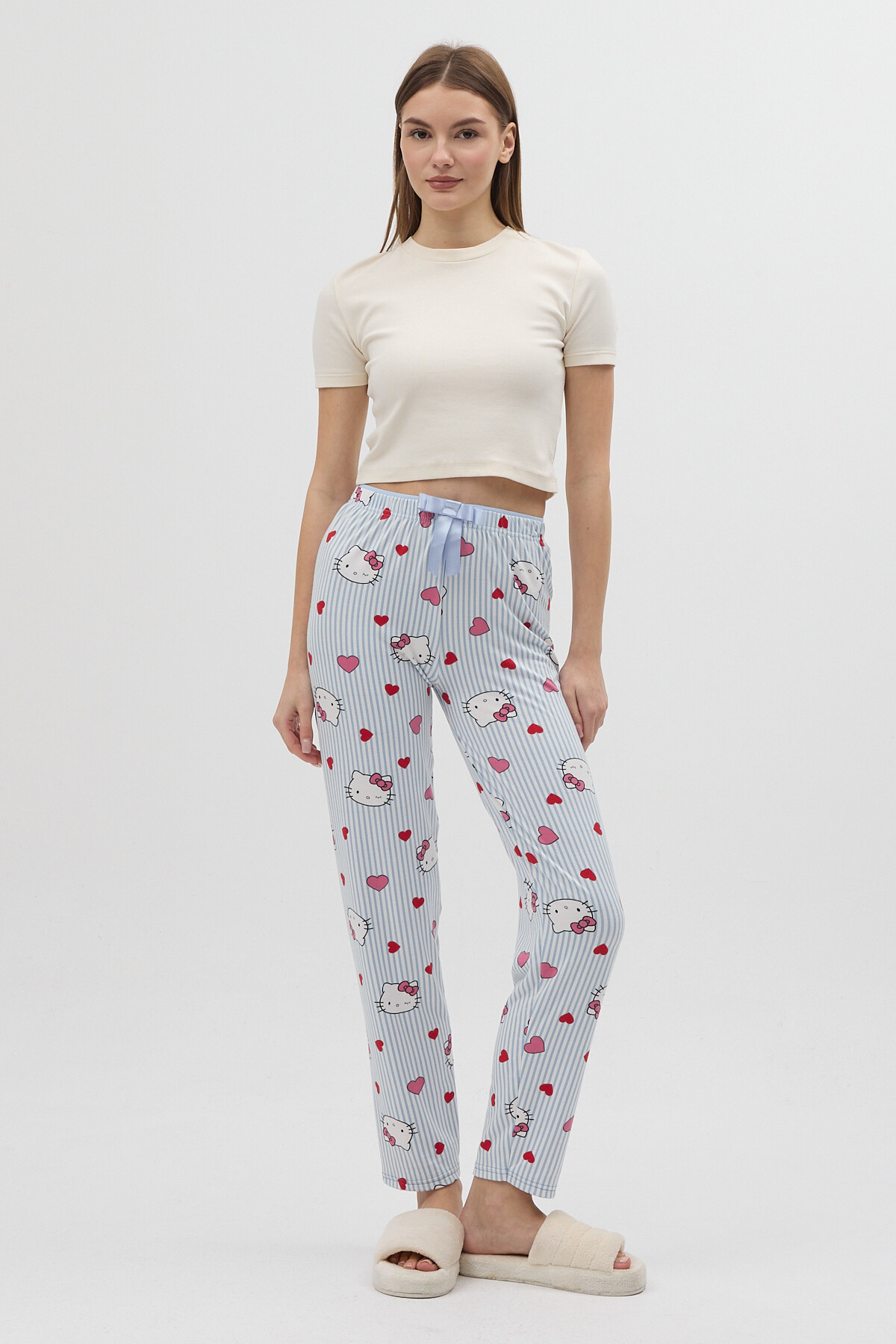 Çizgili Kalp Desenli Beli Bağcıklı Kadın Pijama Altı 4529 - 6