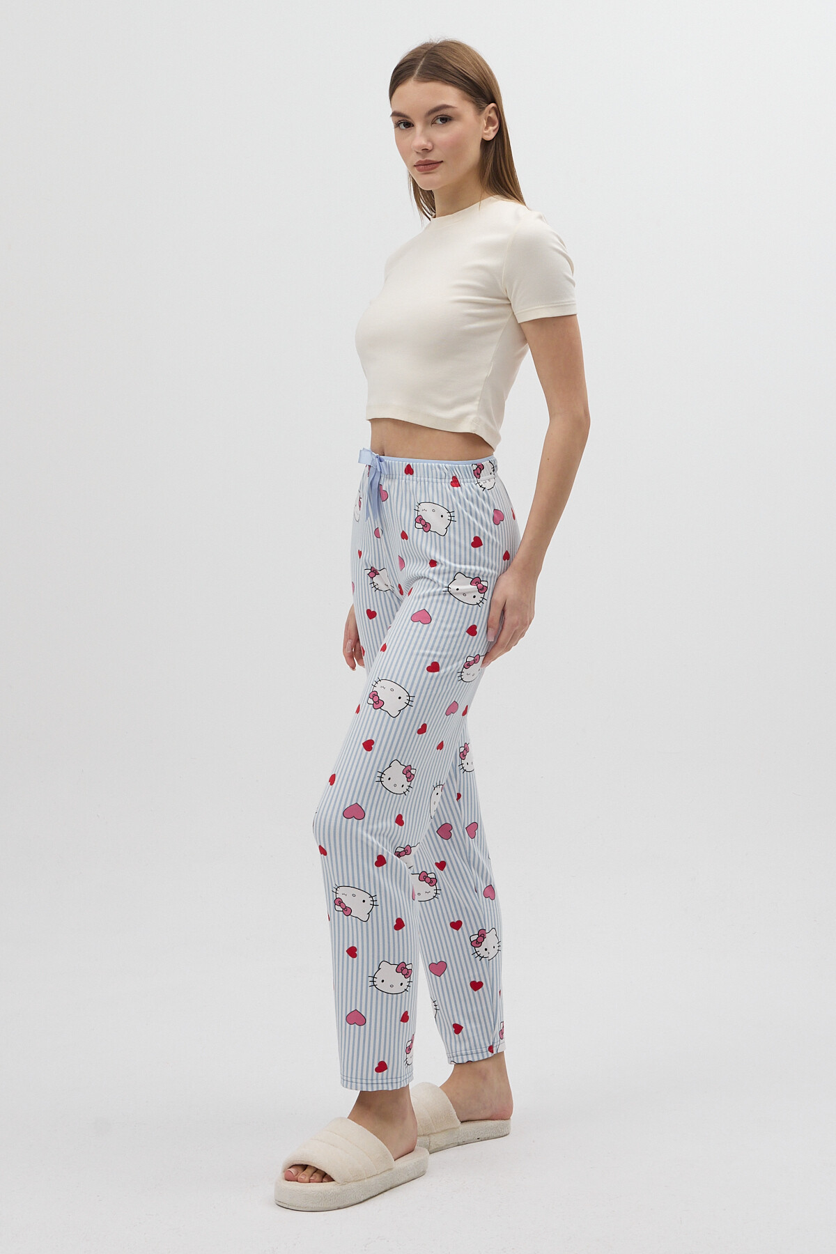 Çizgili Kalp Desenli Beli Bağcıklı Kadın Pijama Altı 4529 - RAYS