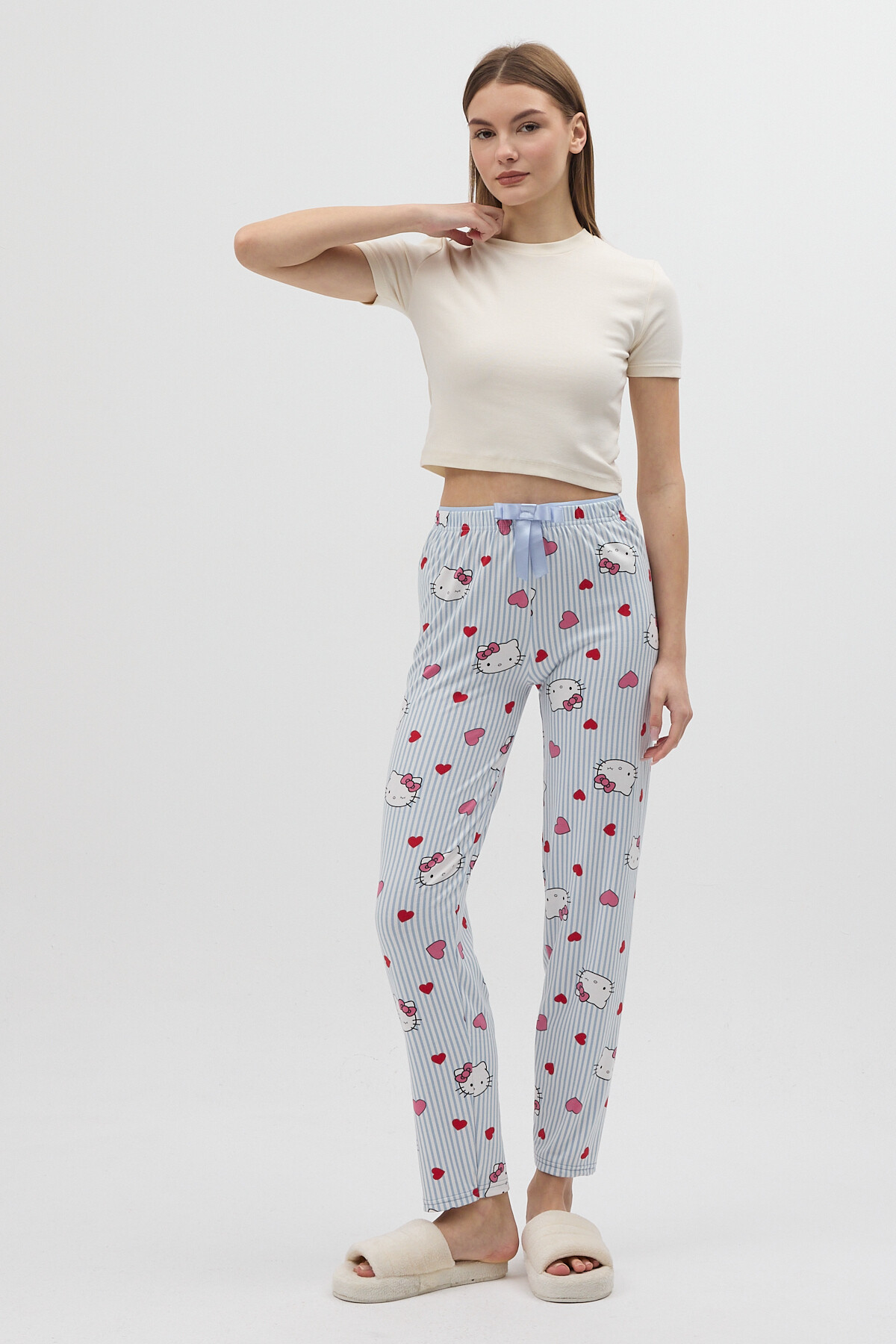 Çizgili Kalp Desenli Beli Bağcıklı Kadın Pijama Altı 4529 - 7