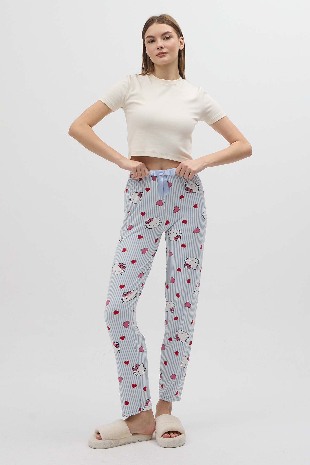 Çizgili Kalp Desenli Beli Bağcıklı Kadın Pijama Altı 4529 - RAYS