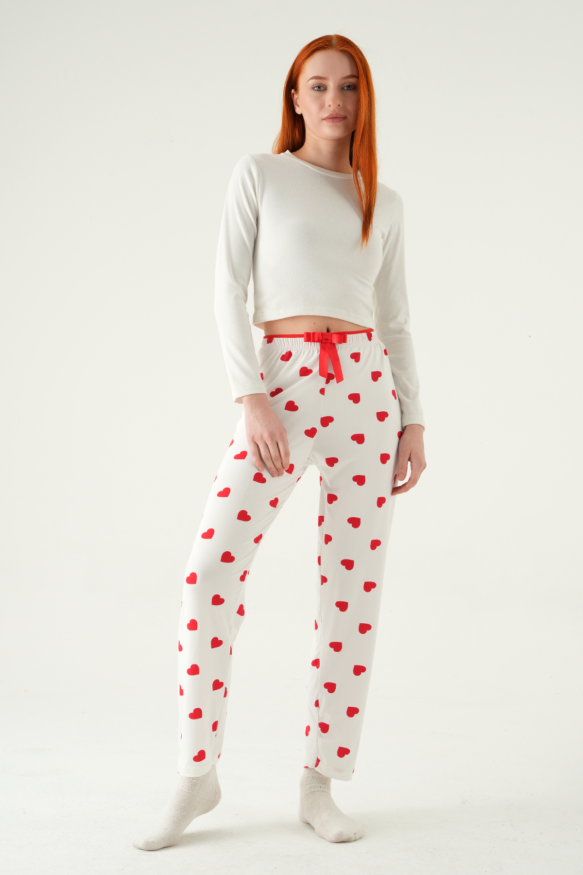 Beyaz Kalp Desen Pijama 4530 - RAYS