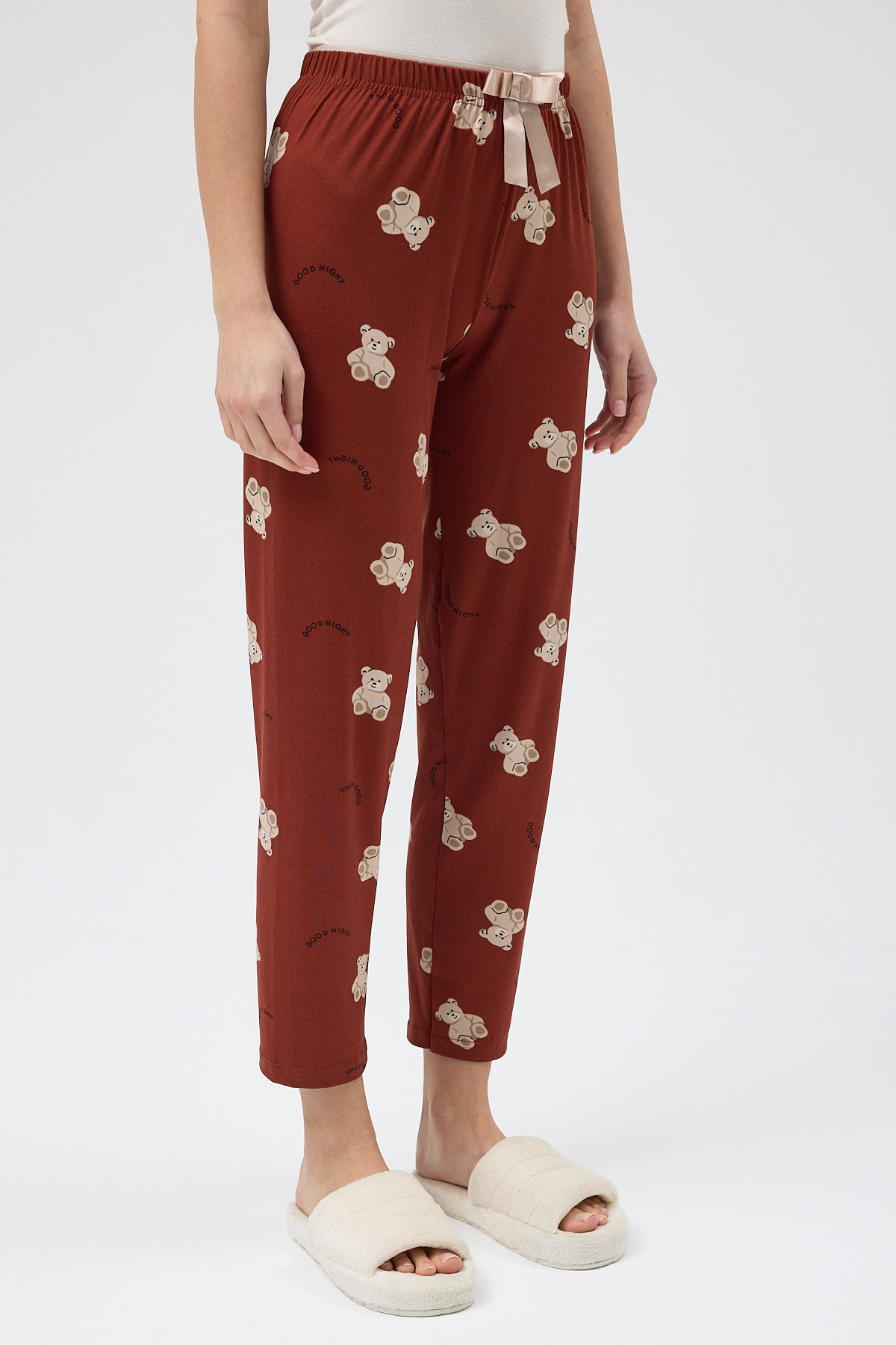 Kahverengi Ayıcık Desenli Lastik Bel Kadın Pijama Altı 4534 - RAYS