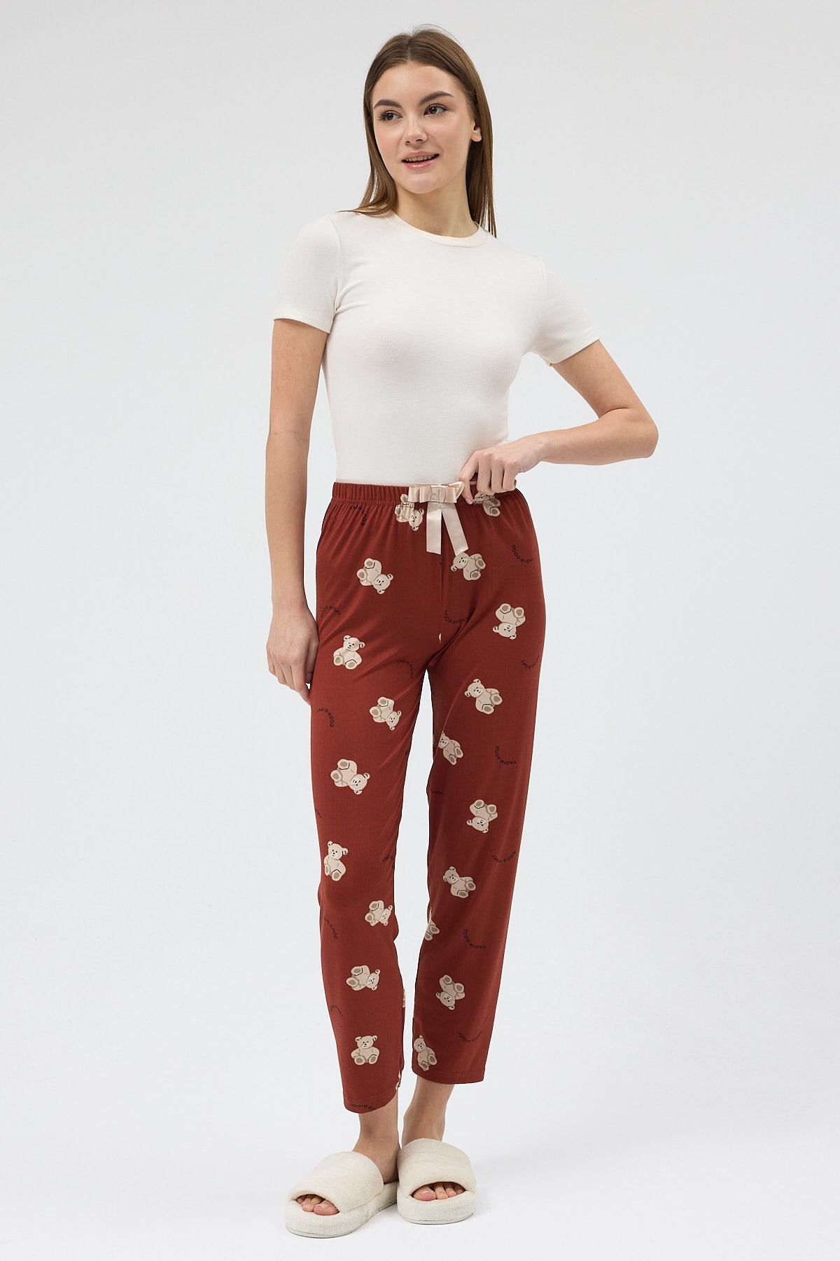 Kahverengi Ayıcık Desenli Lastik Bel Kadın Pijama Altı 4534 - 1