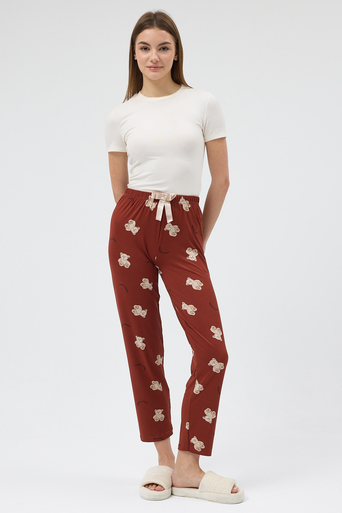 Kahverengi Ayıcık Desenli Lastik Bel Kadın Pijama Altı 4534 - RAYS (1)