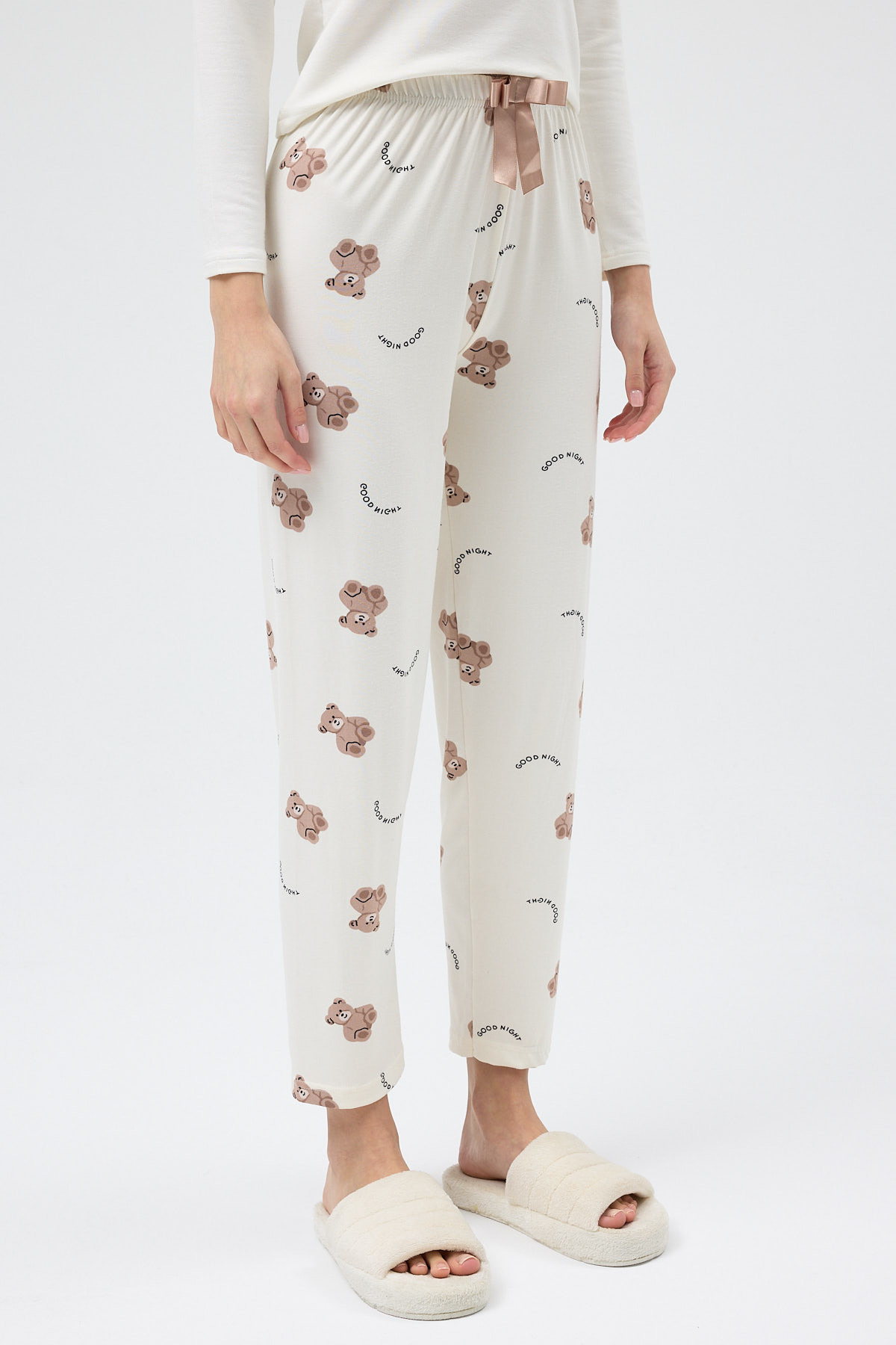 Krem Ayıcık Desenli Lastik Bel Kadın Pijama Altı 4534 - RAYS