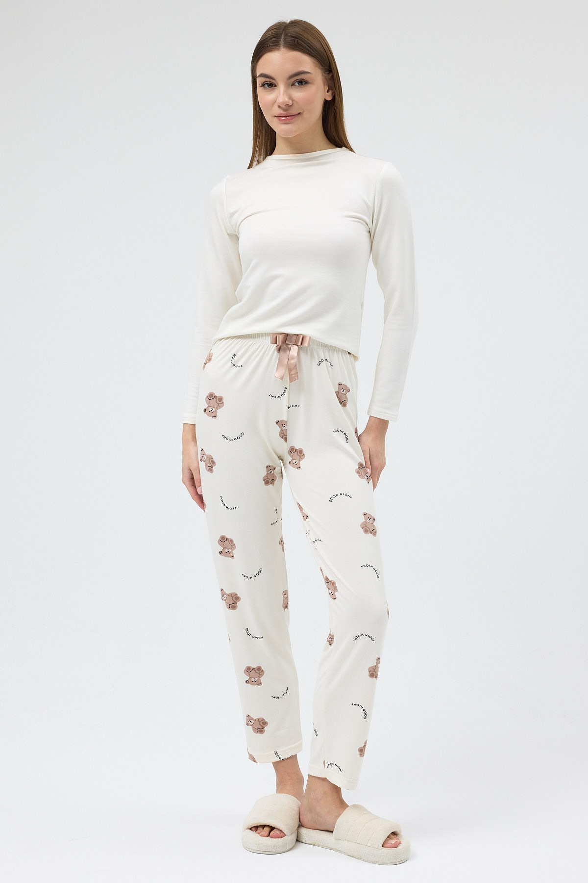 Krem Ayıcık Desenli Lastik Bel Kadın Pijama Altı 4534 - 1