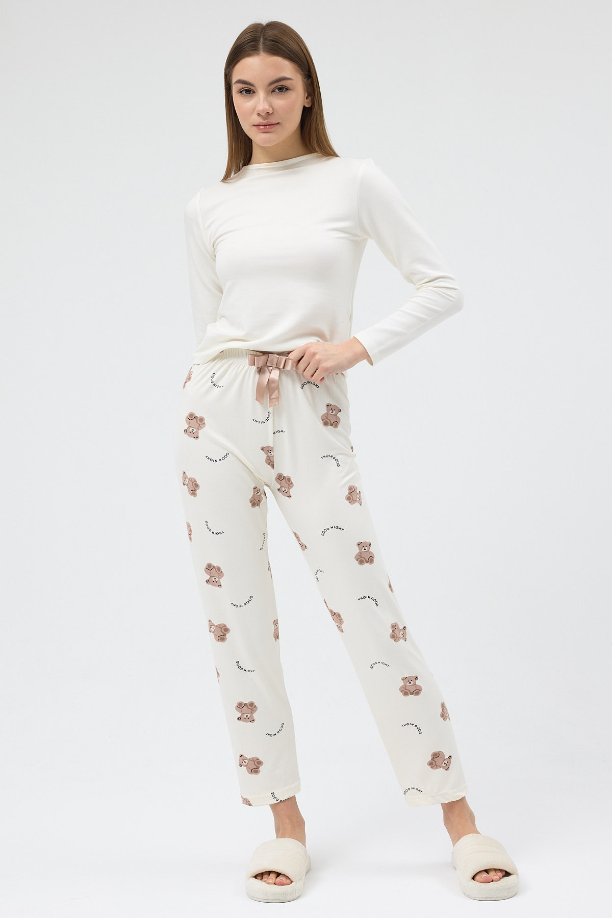 Krem Ayıcık Desenli Lastik Bel Kadın Pijama Altı 4534 - 2