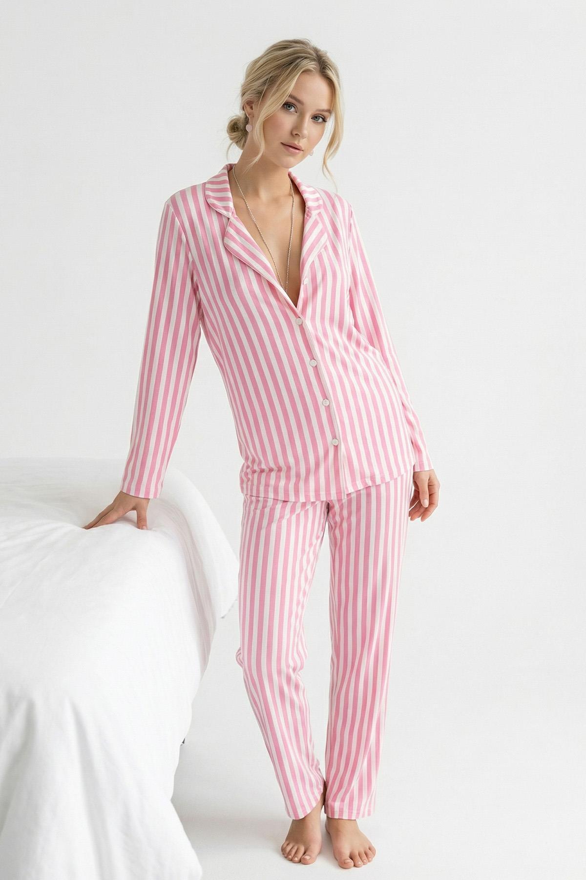 4542 Çizgili Pijama Takımı Pembe - RAYS