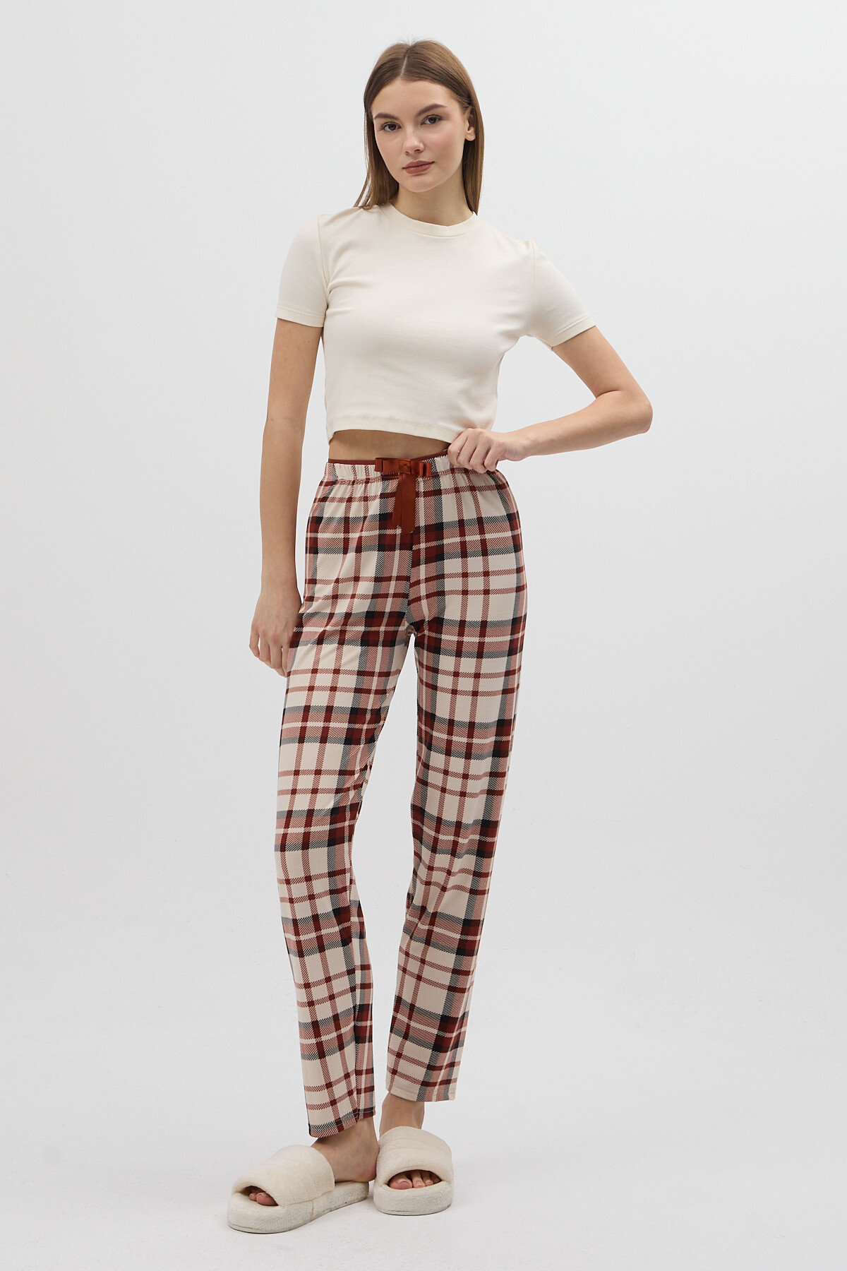Kahverengi Ekose Desenli Beli Bağcıklı Kadın Pijama Altı 4543 - 2