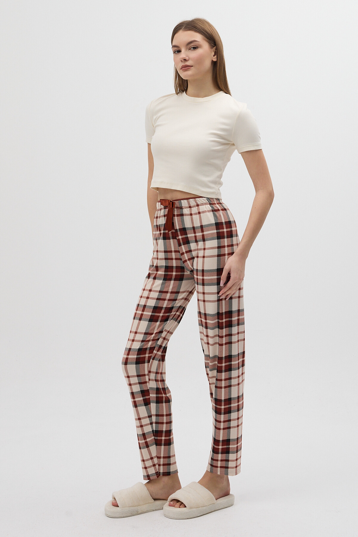 Kahverengi Ekose Desenli Beli Bağcıklı Kadın Pijama Altı 4543 - 3