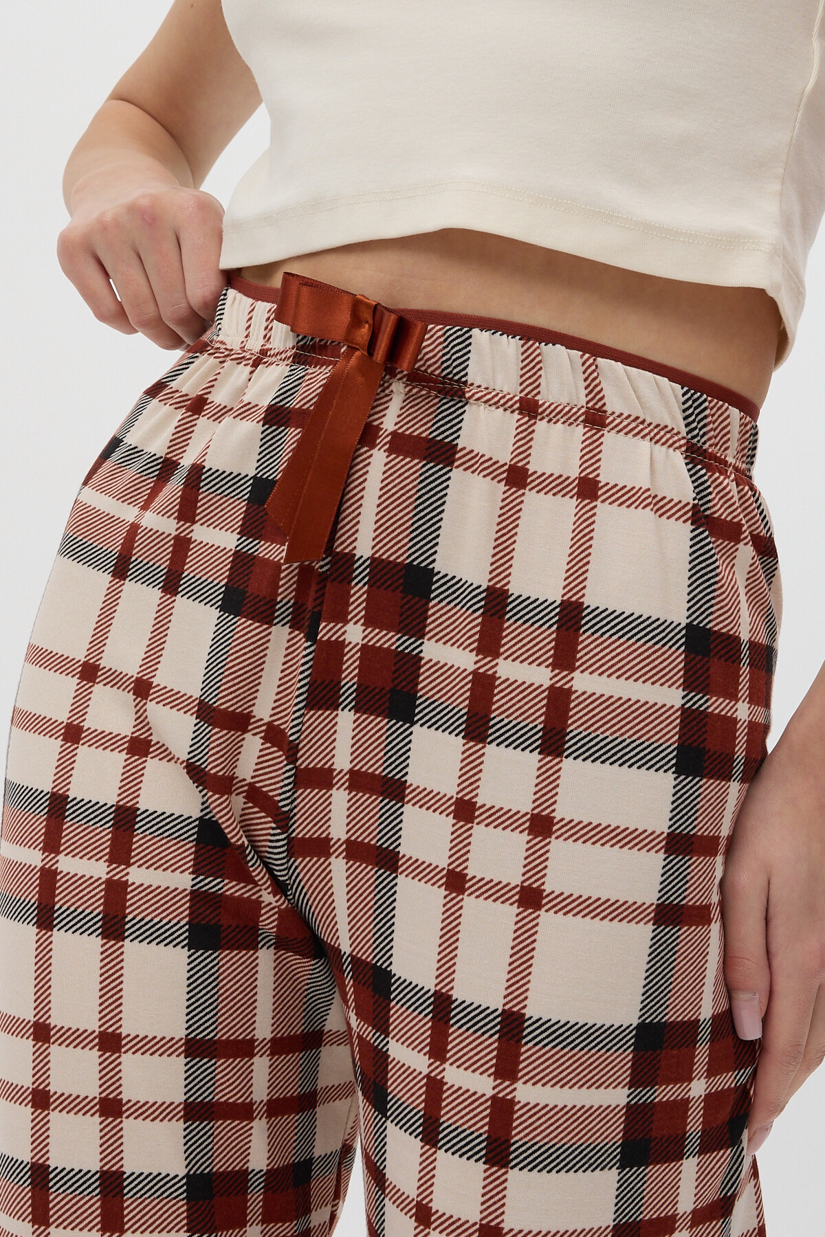 Kahverengi Ekose Desenli Beli Bağcıklı Kadın Pijama Altı 4543 - 4