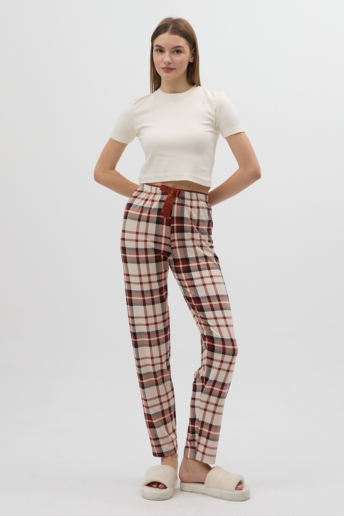 Kahverengi Ekose Desenli Beli Bağcıklı Kadın Pijama Altı 4543 - 6