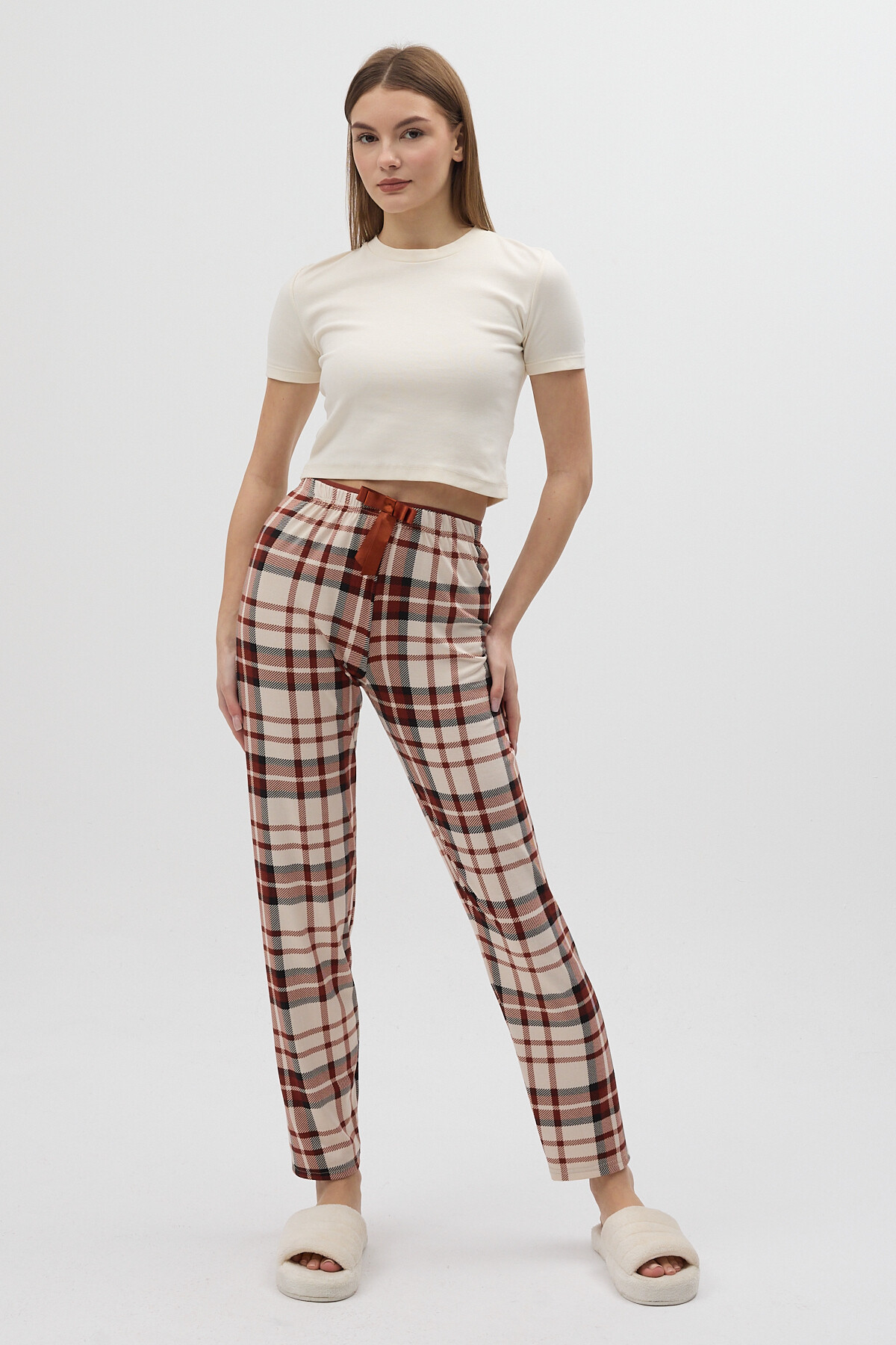 Kahverengi Ekose Desenli Beli Bağcıklı Kadın Pijama Altı 4543 - 1