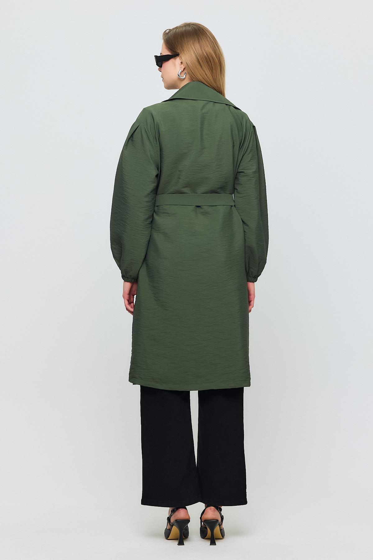 4579A Kuşaklı Kol Lastikli Trençkot Haki - 5