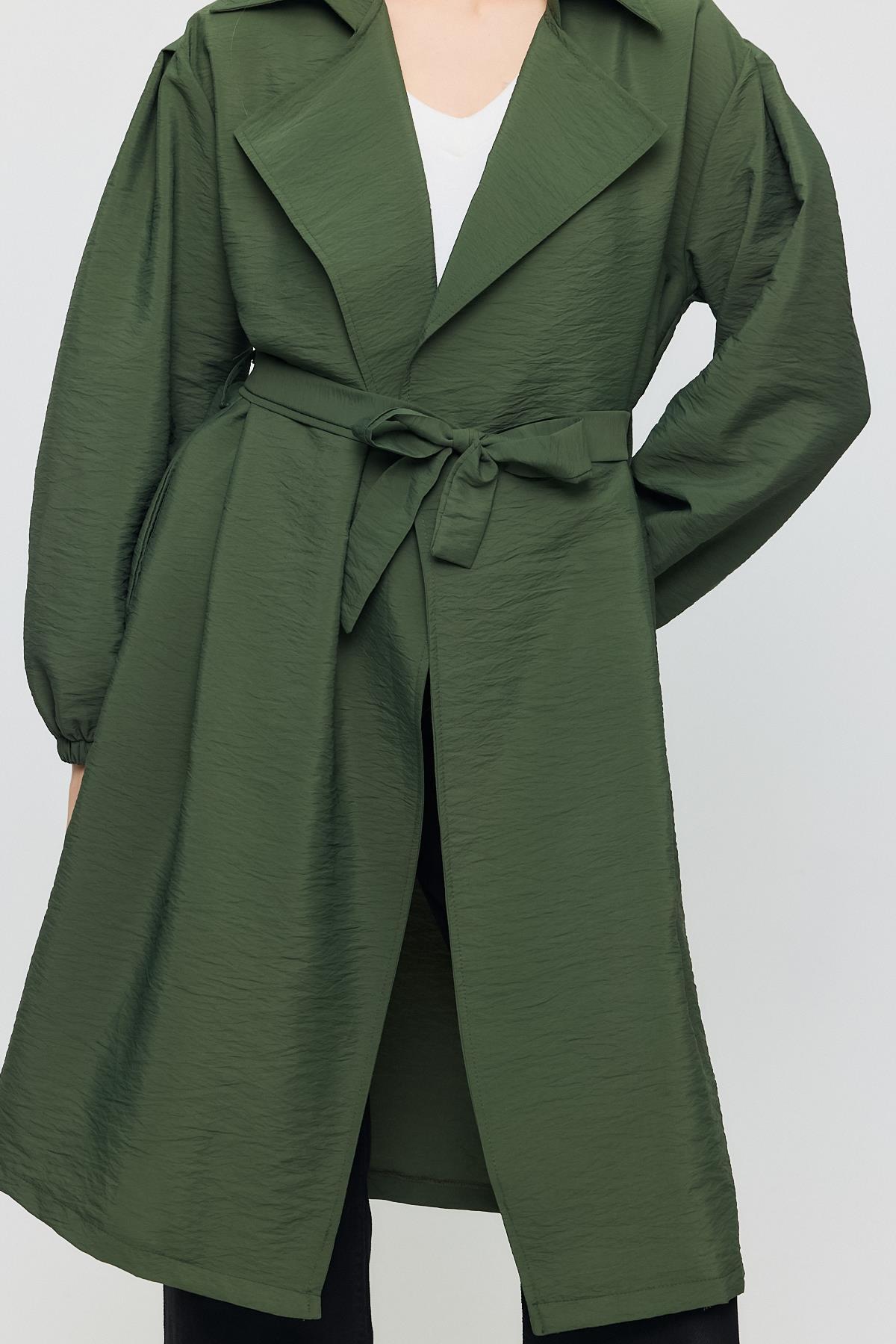 4579A Kuşaklı Kol Lastikli Trençkot Haki - 6