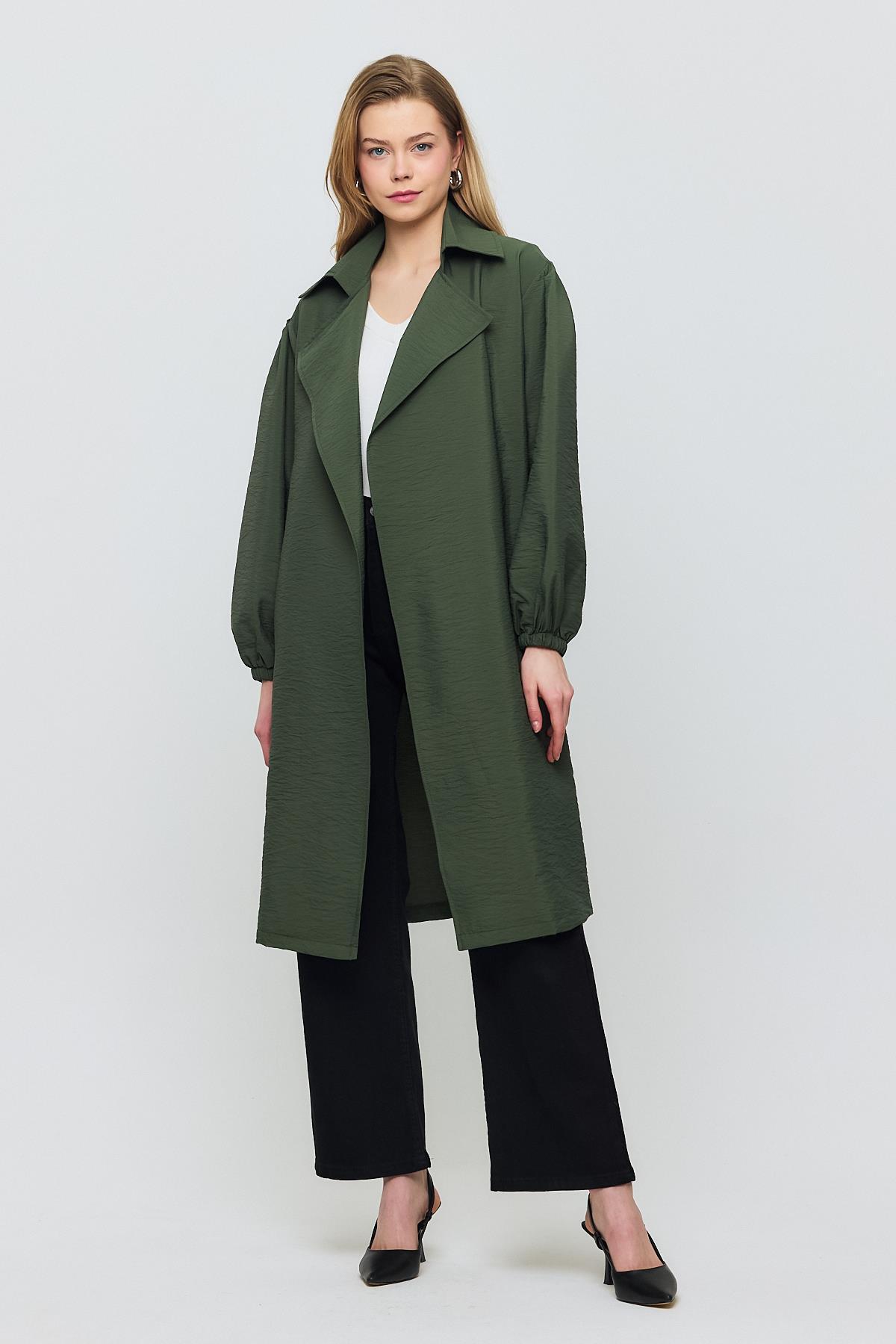 Haki Kuşaklı Kol Lastikli Trençkot 4579A - 1