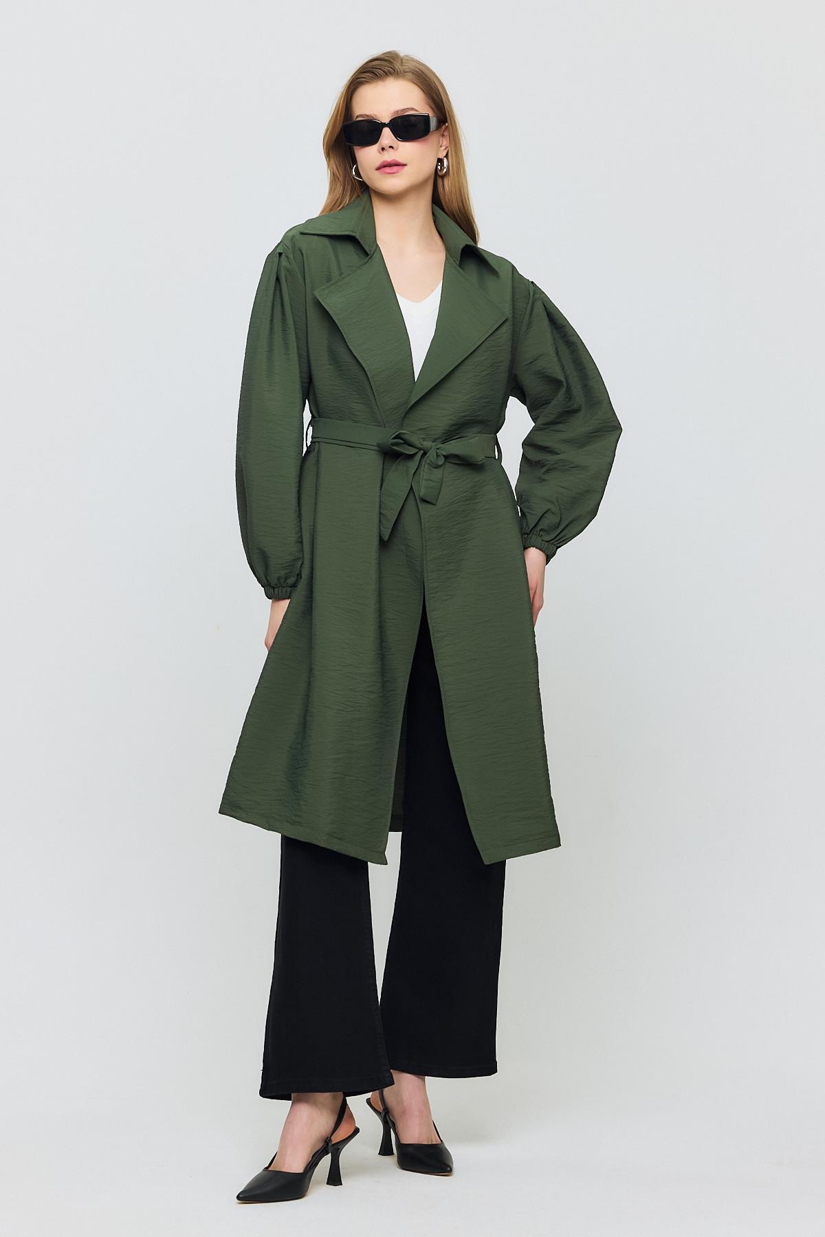 Haki Kuşaklı Kol Lastikli Trençkot 4579A - RAYS (1)