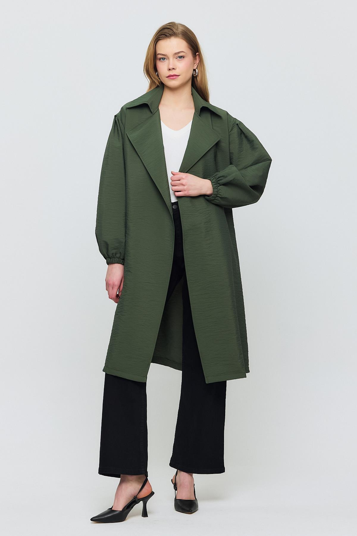 Haki Kuşaklı Kol Lastikli Trençkot 4579A - RAYS