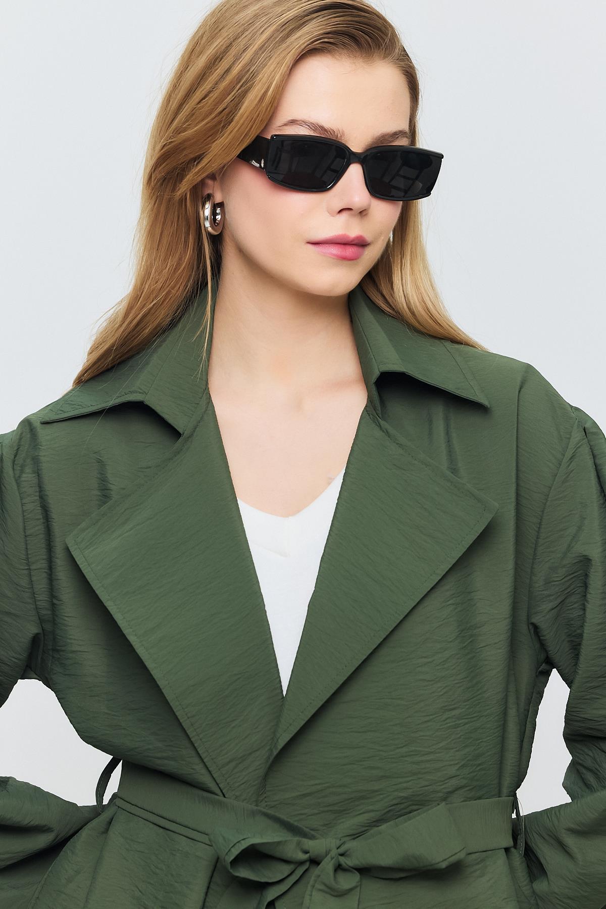 Haki Kuşaklı Kol Lastikli Trençkot 4579A - 4