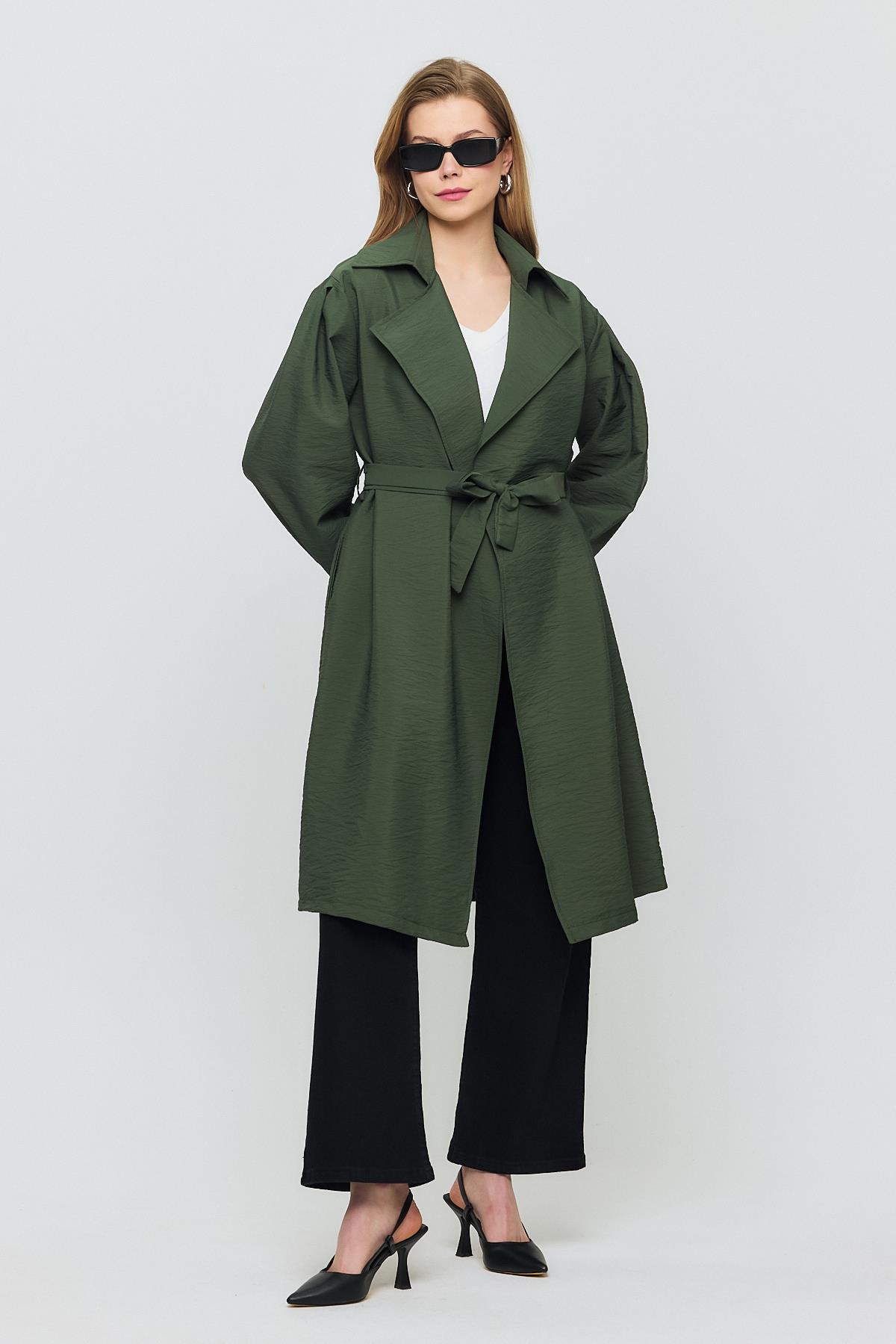 Haki Kuşaklı Kol Lastikli Trençkot 4579A - 8