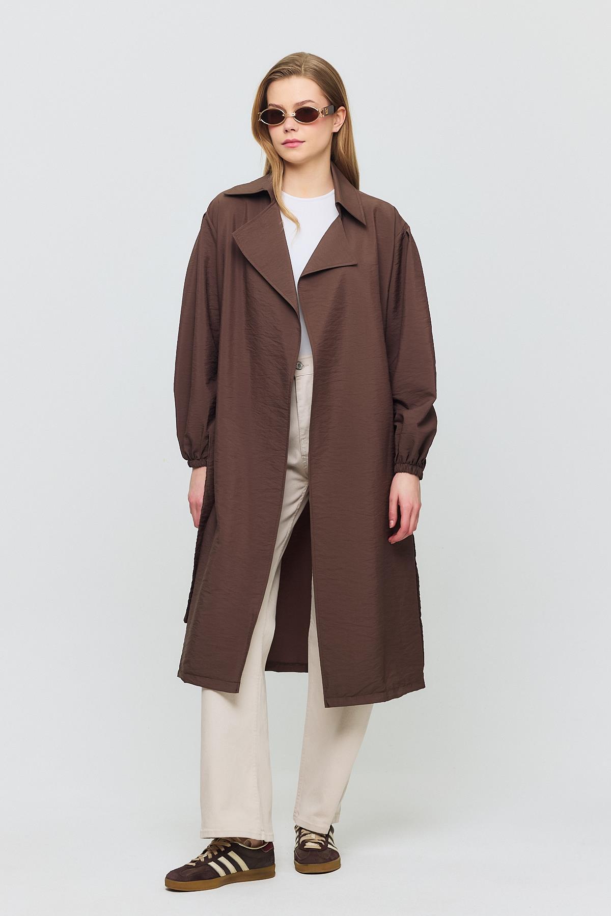 4579A Kuşaklı Kol Lastikli Trençkot Kahve - RAYS