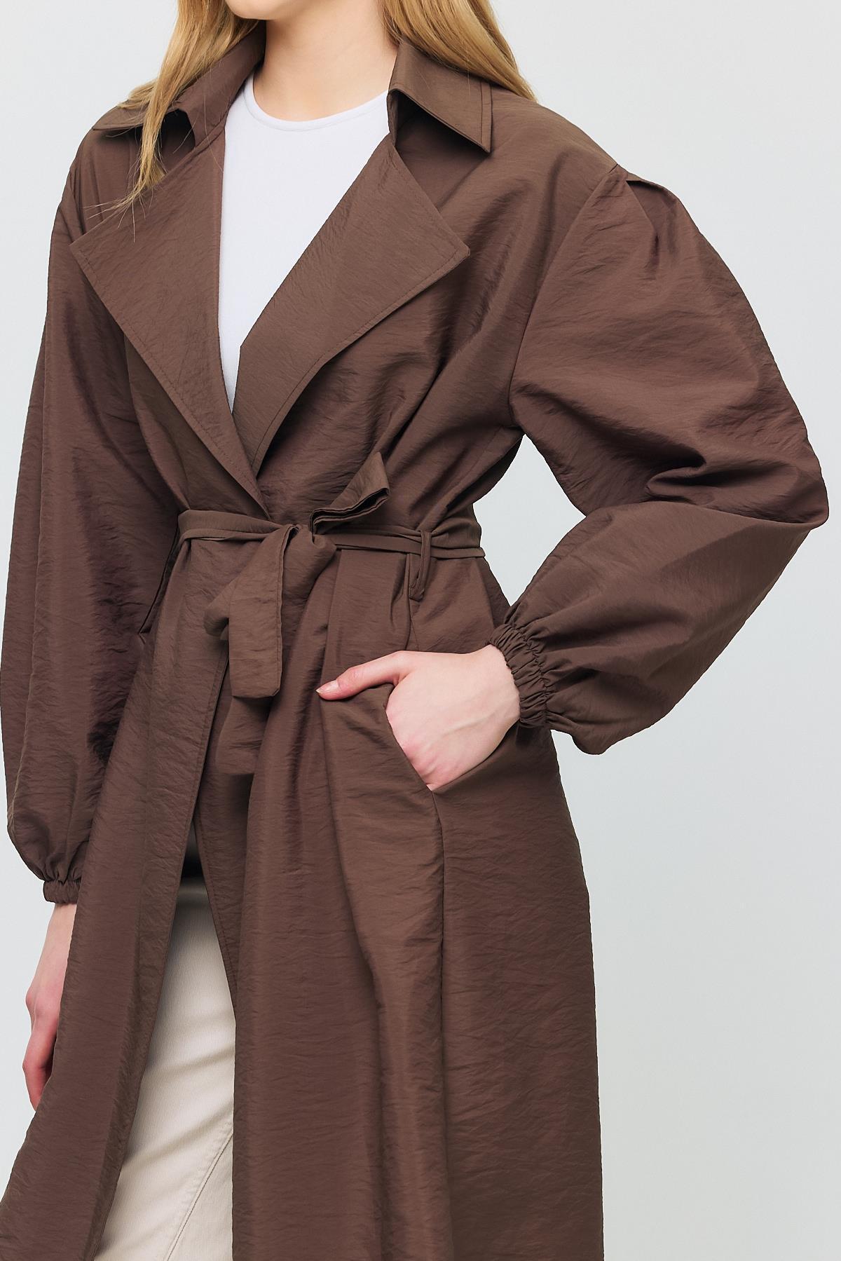 4579A Kuşaklı Kol Lastikli Trençkot Kahve - 4
