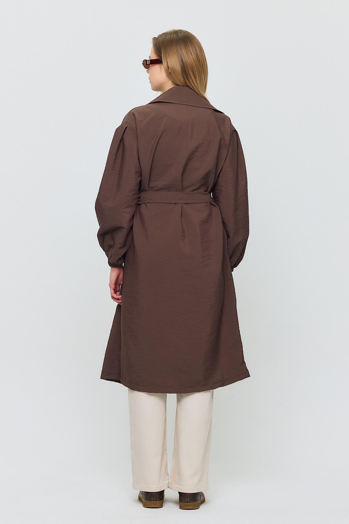 4579A Kuşaklı Kol Lastikli Trençkot Kahve - 5