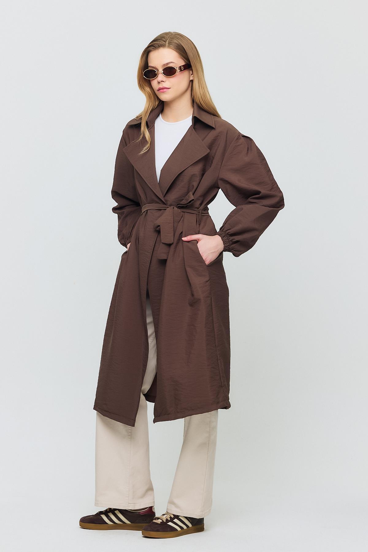 Kahve Kuşaklı Kol Lastikli Trençkot 4579A - 3