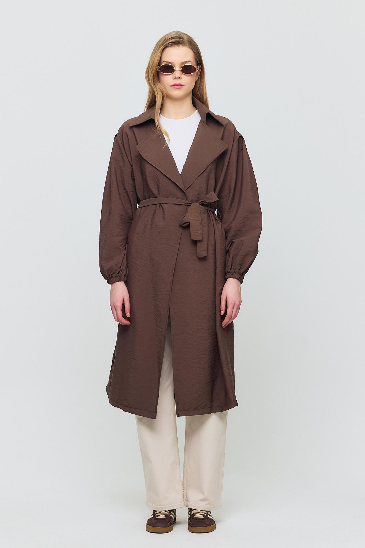 Kahve Kuşaklı Kol Lastikli Trençkot 4579A - 6