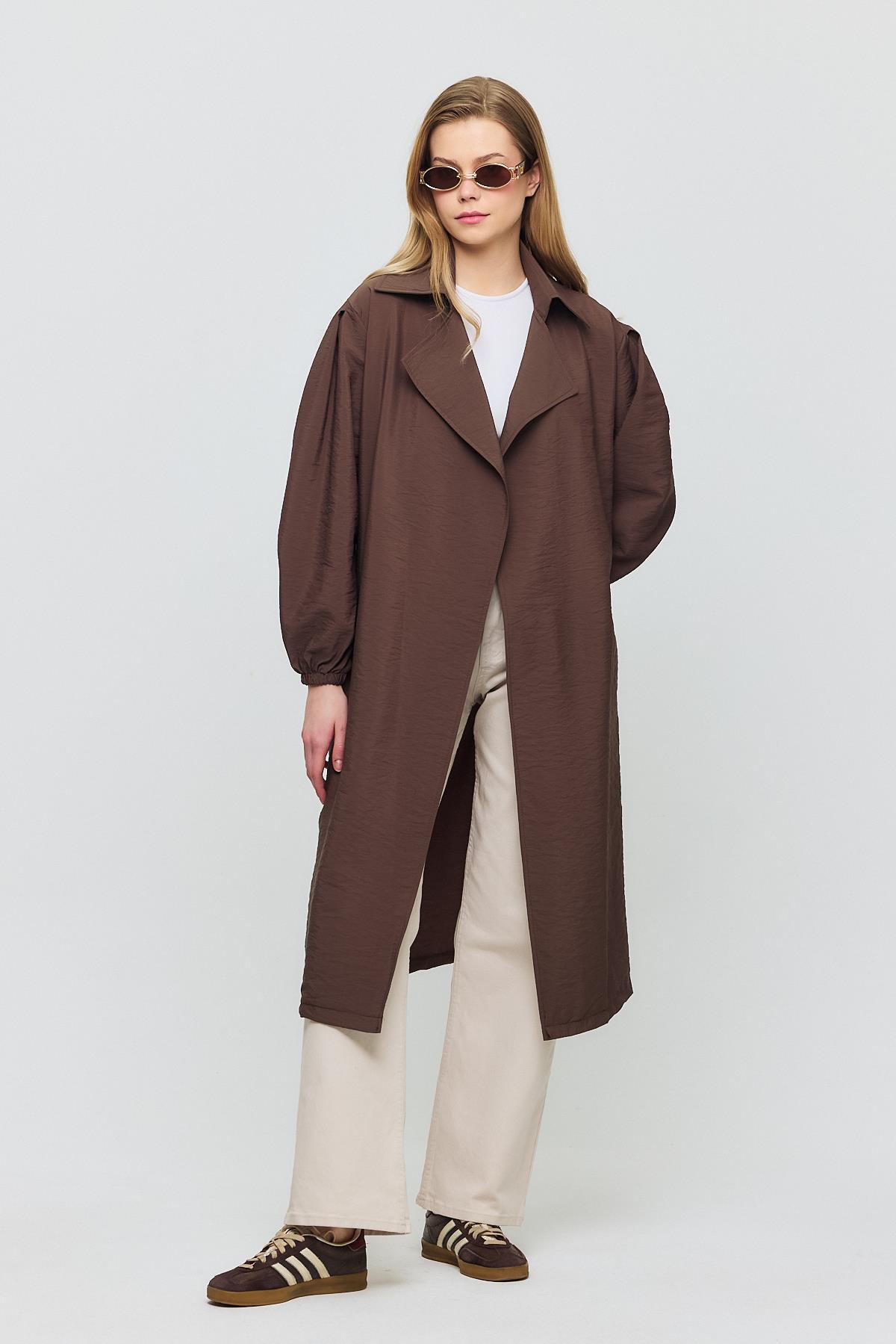 Kahve Kuşaklı Kol Lastikli Trençkot 4579A - 7